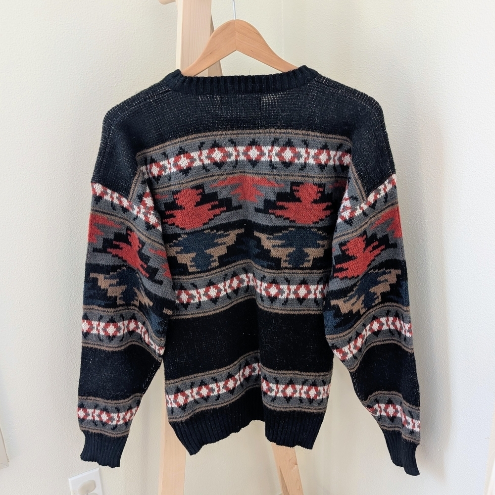 Vintage Southwestern Abstract Geometric Patterned Crewneck Sweater In Black/Red - Picture 7 of 7